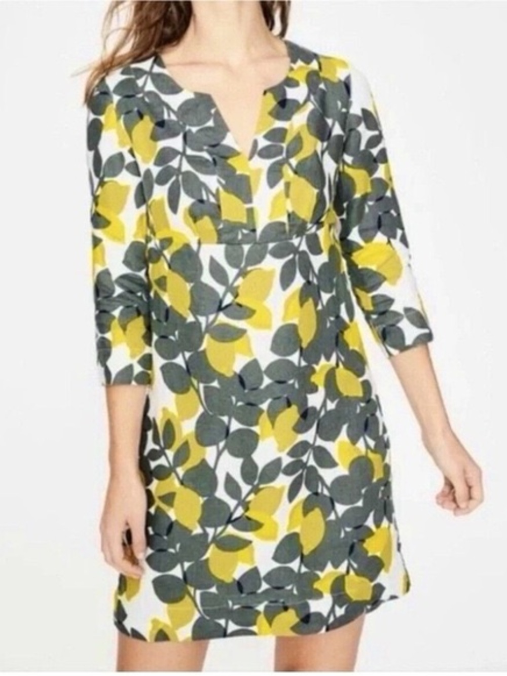 Boden Linen Lemon Print Split Neck Dress 3/4 sleeves grey yellow floral 12L